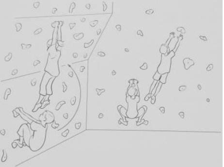 Skizzenhafte Szene: mehrere Kinder klettern an einer Boulderwand